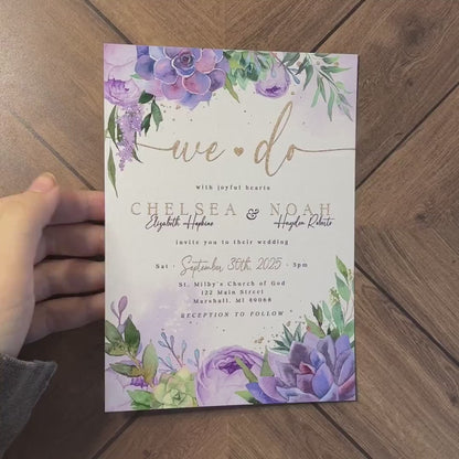 Elegant Purple Floral Summer Wedding Invitation Personalized Wedding Invite Lavender Roses Succulents Printed Invitations Envelopes Included