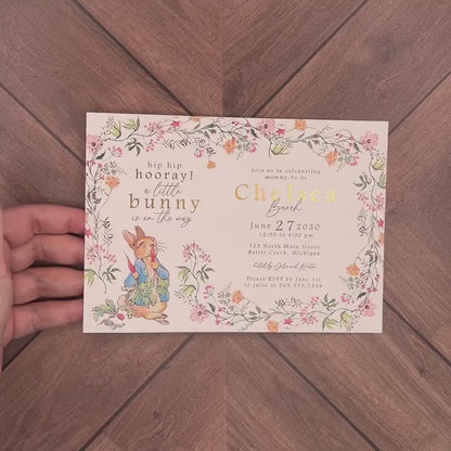 Personalized Peter Rabbit Baby Shower Invitation - Gender Neutral Gold Foil Sip and See Couples Invitation with Envelopes