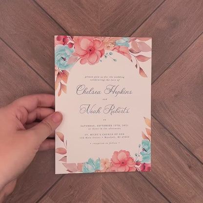 Elegant Floral Summer Wedding Invitation Personalized Teal Coral Roses Calligraphy Custom Text Printed Invitations Envelopes Included RSVP