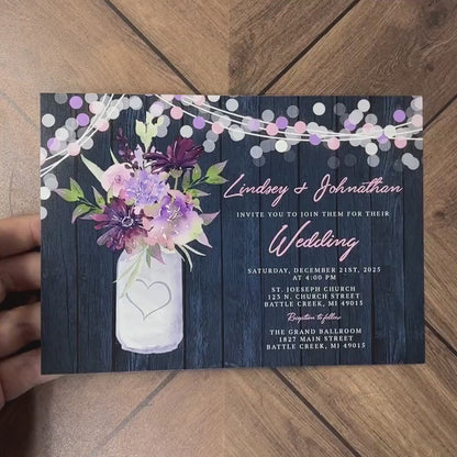 Rustic Navy Floral Summer Wedding Invitation Personalized Mason Jar Lavender Lilacs Fairy Lights Navy Barn Wood Printed Invitation Envelopes