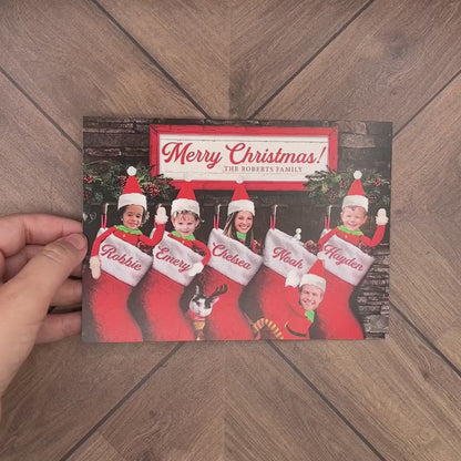 Personalized Funny Elf Christmas Photo Card with Elves in Stockings  Fireplace - Includes Printed Cards Envelopes  Return Address Label
