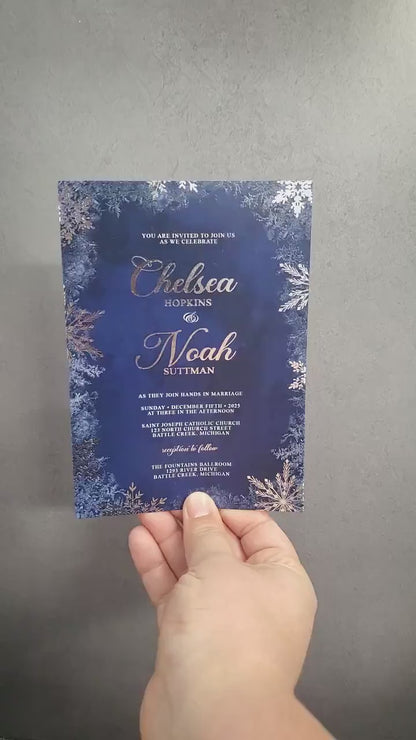 Fancy Winter Wedding Invitation Personalized Navy Silver Foil Print Snowflakes Calligraphy Custom Text Printed Invitation Envelopes Included
