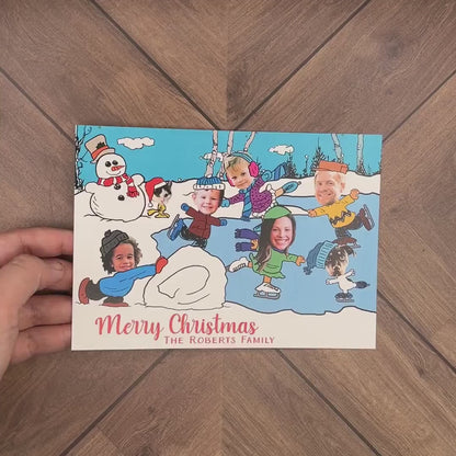 Funny Charlie Brown Christmas Family Photo Card – Personalized Snoopy Ice Skating Holiday Card with Custom Text & Envelopes