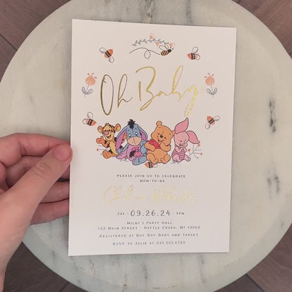 Winnie the Pooh Baby Shower Invitation – Gender Neutral Personalized Printed Invite with Baby Pooh Bear & Bees – Gold Foil Details & Envelope Included by Penelope’s Paper Pantry