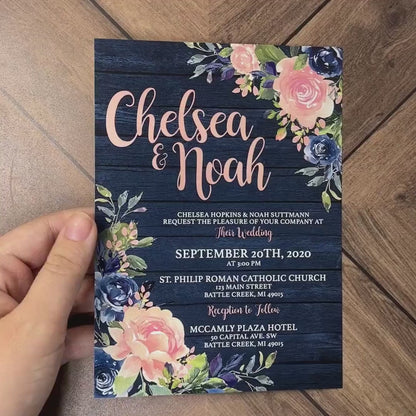 Rustic Navy and Pink Floral Summer Wedding Invitation Personalized Barn Wood Blush Roses Calligraphy Shimmery Printed Invitations Envelopes