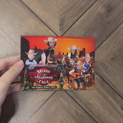 Funny Wild West Christmas Family Photo Card Personalized Cowboys Horses Merry Christmas Ya'll Western Printed Cards Envelope Included Sepia