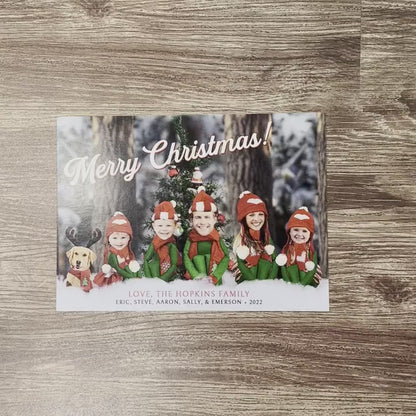 Funny Elf Family Christmas Photo Card – Personalized Winter Forest Design – Printed with Envelope, Back Print & Return Address Label