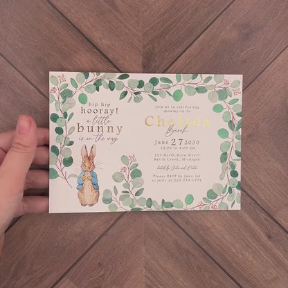 Peter Rabbit Gender Neutral Baby Shower Invitation – Personalized Eucalyptus Greenery & Gold Foil Printed Invite – Unique Printed Card with Envelope by Penelope’s Paper Pantry