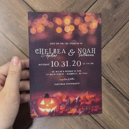 Romantic Halloween Fall Wedding Invitation Personalized Burnt Orange Bubble Lights Jack o lantern Autumn Leaves Shimmery Printed Invitations