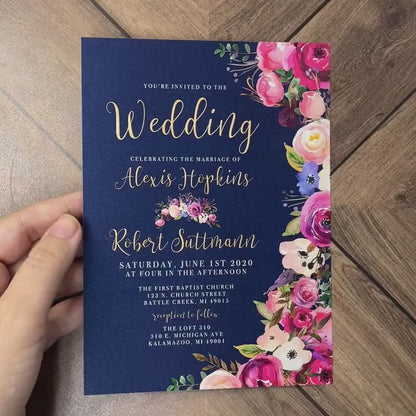 Navy and Pink Floral Summer Wedding Invitation,Summer Wedding Invite,Magenta,Cornflower Blue,Gold,Shimmery,Personalize,Printed Invitation