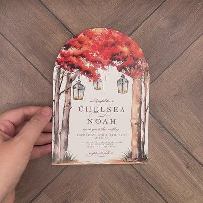 Rustic Fall Wedding Invitation – Tree Arch, Burnt Orange Leaves & Lanterns – Personalized Printed Invite with Envelopes