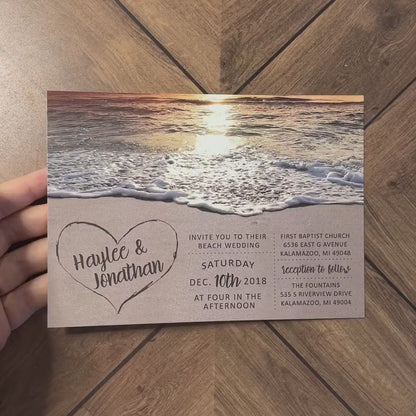 Romantic Sunset Beach Wedding Invitation Personalized Heart In The Sand Initial Tropical Destination Hawaii Printed Invitation With Envelope