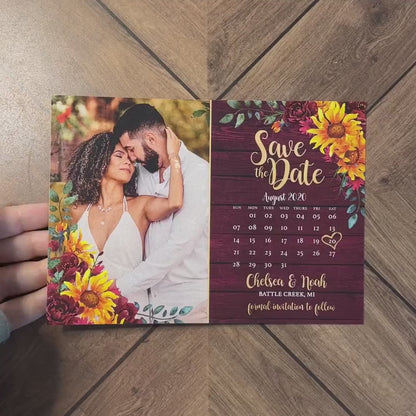 Save The Date Card Rustic Sunflower Fall Wedding Personalized Photo Calendar Burgundy Wood Gold Print Satin Printed Cards With Envelopes