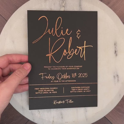 Modern Black and Copper Wedding Invitation Personalized Copper Foil Calligraphy Custom Text Formal Classic Elegant Printed Invitations Envelopes Included