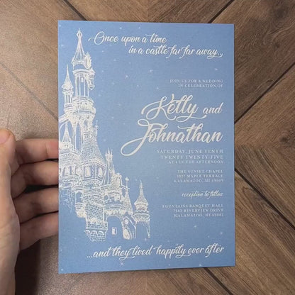 Elegant Fairy Tale Wedding Invitation Personalized Castle Cinderella Blue Happily Ever After Shimmery Printed Invitations Envelopes Included
