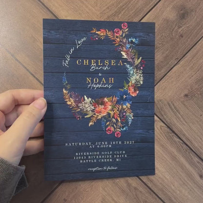 Rustic Navy Floral Fall Wedding Invitation – Barn Wood, Turquoise & Burnt Orange – Personalized Shimmery Gold Printed Invite with Envelopes