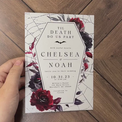 Elegant Gothic Halloween Wedding Invitation – Casket, Spider Webs & Blood Red Roses – Personalized Printed Invite with Envelope