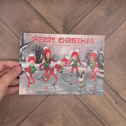 Funny Elf Christmas Photo Card – Personalized Family Hockey Theme with Ice Skates, Puck, Net & Custom Text – Double-Sided Printed with Envelopes
