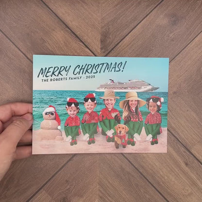 Personalized Funny Beach Christmas Family Photo Card with Elves  Custom Text - Unique Tropical Vacation Design with Envelope