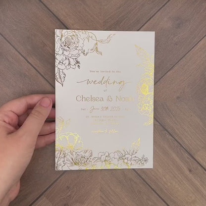 Elegant Floral White and Gold Foil Summer Wedding Invitation Personalized Custom Text Calligraphy Printed Invitations Envelopes Included