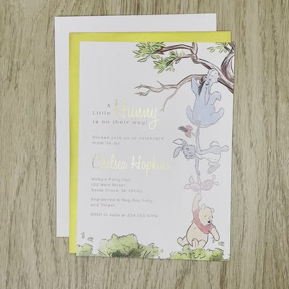 Winnie the Pooh Gender Neutral Baby Shower Invitation – Personalized Gold Foil Printed Invite with Eeyore, Rabbit & Piglet – Envelopes Included