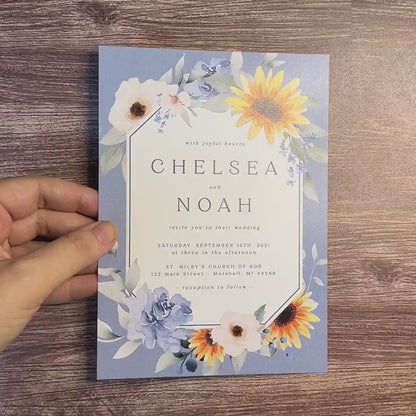 Shabby Chic Dusty Blue Floral Summer Wedding Invitation Personalized Sunflowers Wildflowers Geometric Frame Printed Invitation With Envelope