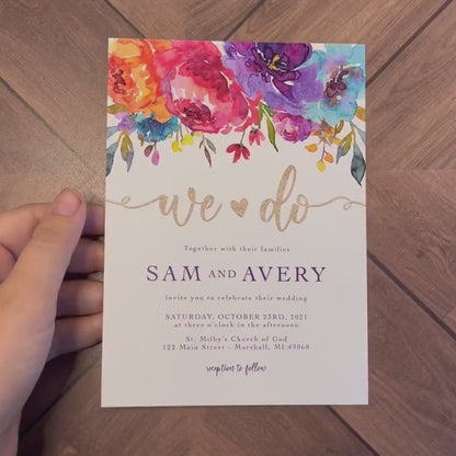Elegant Bright Floral Summer Wedding Invitation Personalized Gold Glitter Print Calligraphy Printed Invitations Envelopes Included Shimmery