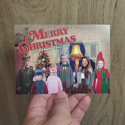 Funny A Christmas Story Family Photo Card | Personalized Ralphie Pink Bunny Pajamas & Leg Lamp