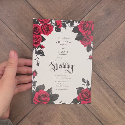 Elegant Gothic Halloween Wedding Invitation – Blood Red Roses – Personalized Printed Invite with Envelopes & Optional RSVP