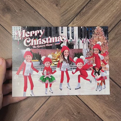 Funny Ice Skating Elves Christmas Photo Card Personalized Rockefeller Center New York City Printed Cards With Envelope Return Address Label