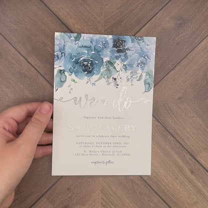 Elegant Dusty Blue Floral Summer Wedding Invitation Personalized We Do Calligraphy Silver Foil Printed Invitations Envelopes Included Unique
