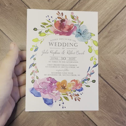 Elegant Bright Floral Summer Wedding Invitation Personalized Hot Pink Purple Turquoise Wreath Printed Invitations Envelopes Included Unique