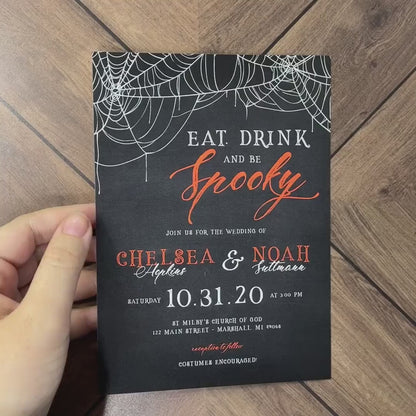 Fun Halloween Wedding Invitation Personalized Black Orange Spider Webs Spooky Calligraphy Custom Text Printed Invitations Envelopes Included