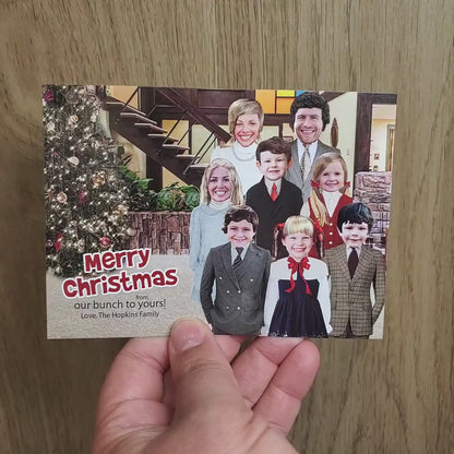 Funny Brady Bunch Christmas Photo Card – Personalized Mike, Carol & Kids Living Room Design – Custom Text, Printed with Envelope & Return Address Label