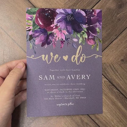 Elegant Dusty Purple Floral Summer Wedding Invitation Personalized Plum Violet Magenta Gold Print Shimmery Printed Invitations With Envelope