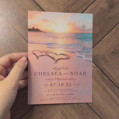 Romantic Beach Wedding Invitation Personalized Sunset Hearts In The Sand Destination Hawaii Shimmery Printed Invitations Envelopes Included