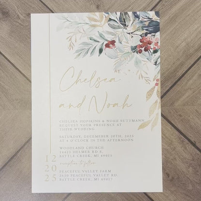 Sophisticated Winter Wedding Invitation – Green, Red & Gold Calligraphy, Shimmery Custom Text, Printed with Envelopes Included