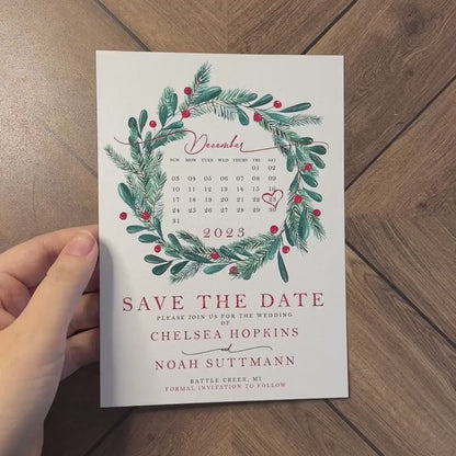 Save The Date Card Christmas Wedding Personalized Wreath Calendar Green Red Calligraphy Shimmery Printed Cards Envelopes Included Custom