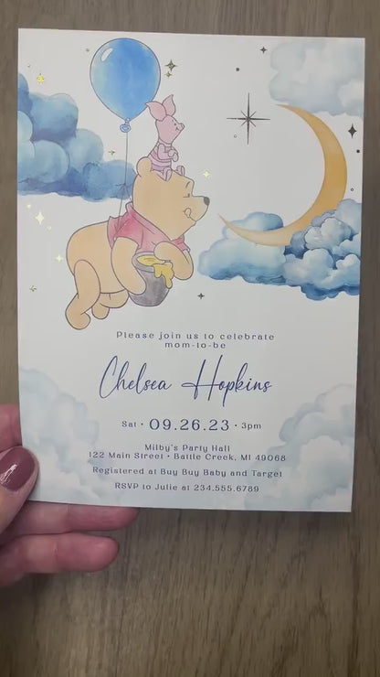 Personalized Baby Boy Winnie The Pooh Baby Shower Invitation with Moon  Stars - Gold Foil Design Printed Invitations  Envelopes Included
