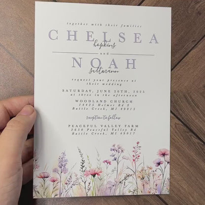 Romantic Pastel Wildflower Summer Wedding Invitation Personalized Lavender Blush Yellow Meadow Delicate Printed Invitation Envelope Included