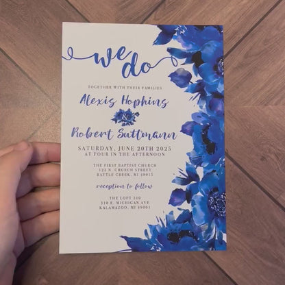 Elegant Sapphire Blue Floral Summer Wedding Invitation Personalized We Do Calligraphy Cobalt Blue Roses Printed Invitation Envelope Included