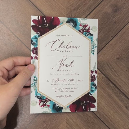 Elegant Fall Wedding Invitation – Personalized Burgundy & Teal Floral Design with Calligraphy – Printed with Envelopes & Optional RSVP Card
