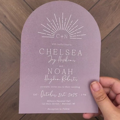 Dusty Purple Arch Wedding Invitation,Personalized,Purple Wedding Invite,Sunburst,Lavender Invite,Calligraphy,Printed Invite,Envelopes,Custom
