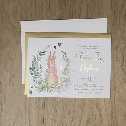 Flopsy Rabbit Baby Girl Shower Invitation – Personalized Peter Rabbit Design with Gold Foil Hearts & Calligraphy – Printed Invite with Envelope by Penelope’s Paper Pantry