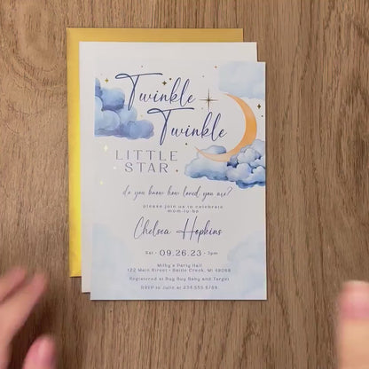 Twinkle Twinkle Little Star Baby Boy Shower Invitation – Elegant Gold Foil Stars – Personalized Printed Invite with Envelope Included by Penelope’s Paper Pantry