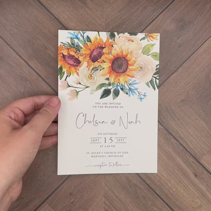 Sunflower Fall Wedding Invitation – Forget-Me-Nots & Calligraphy – Personalized Printed Invite with Envelopes Included