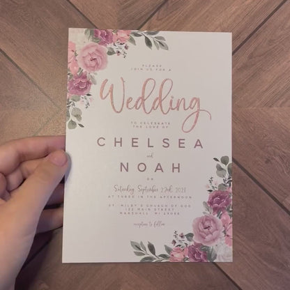 Elegant Mauve Floral Summer Wedding Invitation Personalized Dusty Rose Blush Roses Calligraphy Shimmery Printed Invitation Envelope Included