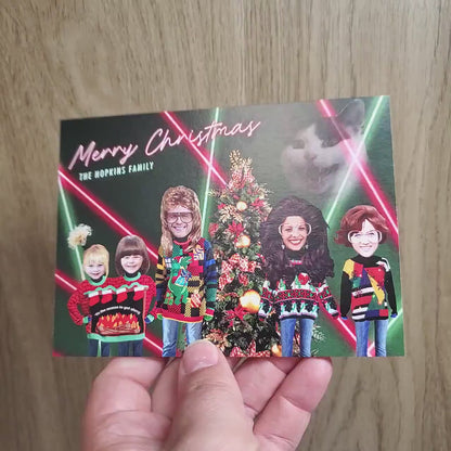 Funny Retro Christmas Family Photo Card Personalized 80's Throwback Mullet Big Hair Laser Lights Ugly Sweaters Printed Cards With Envelopes