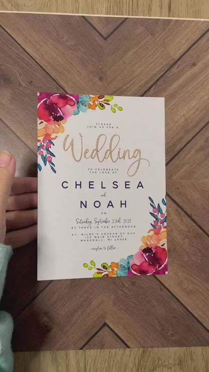 Elegant Bright Floral Summer Wedding Invitation Personalized Tropical Hot Colors Gold Print Shimmery Printed Invitation Envelope Included