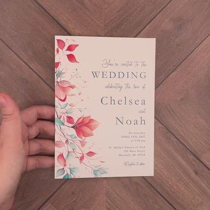 Romantic Floral Summer Wedding Invitation Personalized Teal Coral Calligraphy Printed Invitations Envelopes Included Optional RSVP Cards
